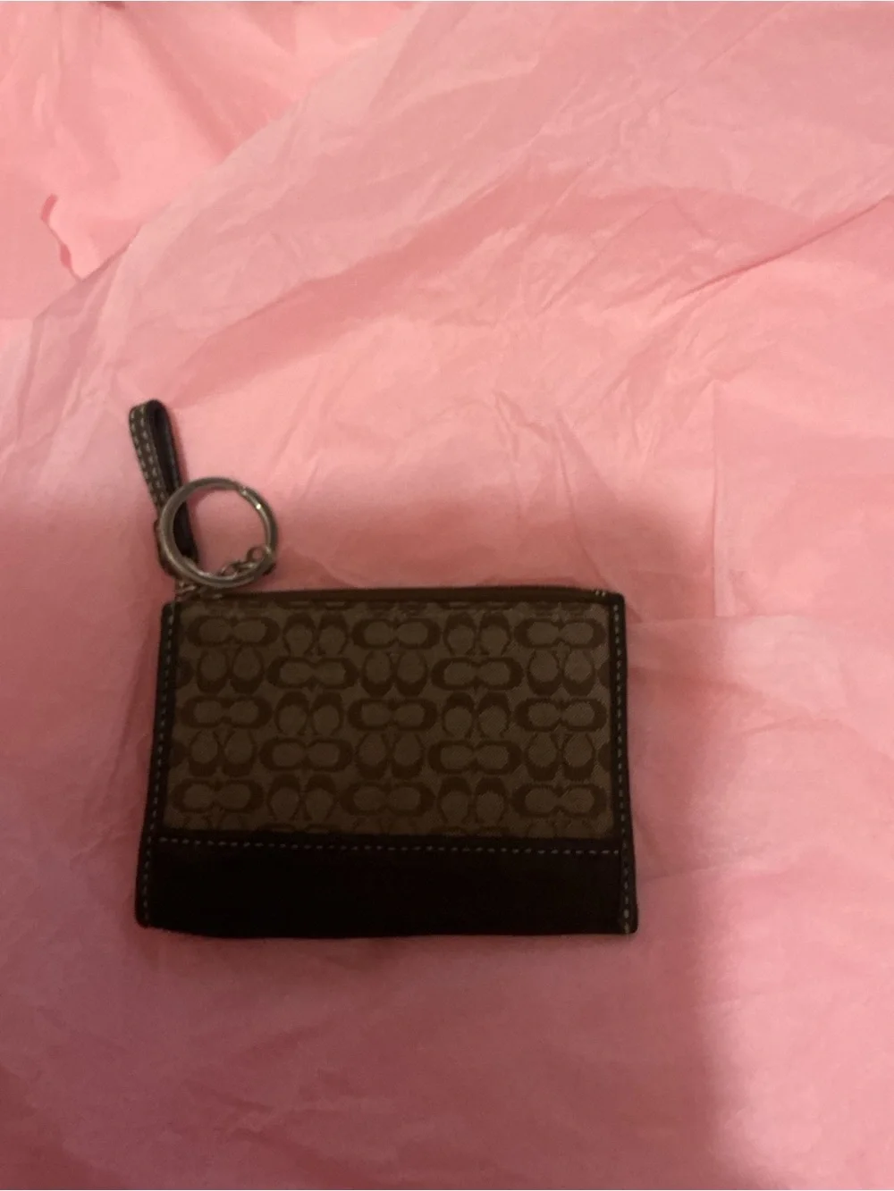 Coach Brown Signature Canvas Card Holder Keyring with Black Trim